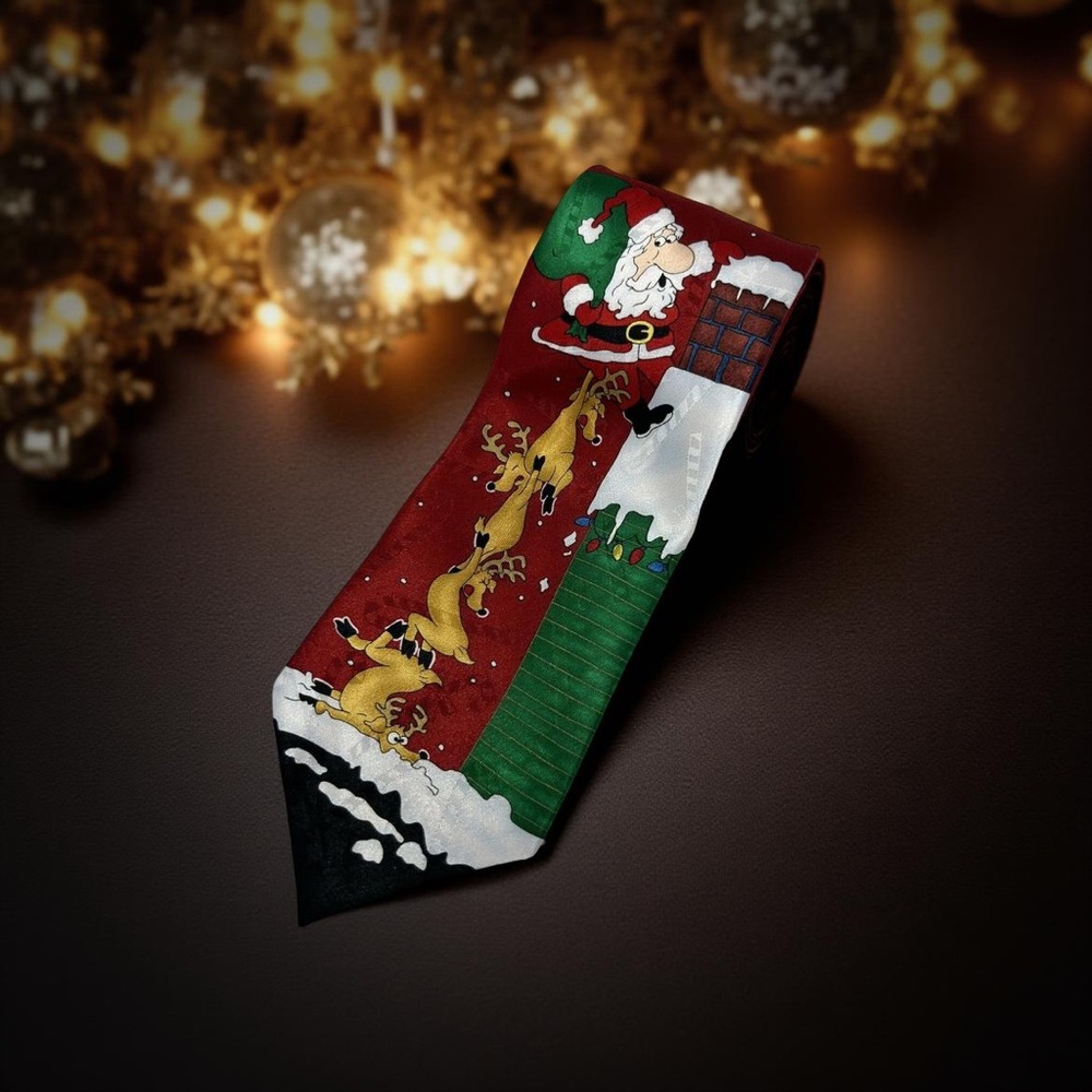Hallmark Yule Tide Greetings Red Santa Deer Chimney Christmas Tie L 57'‎ W 4"